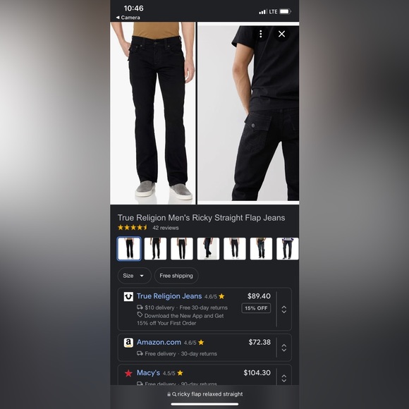 True Religion Mens 38x28 Black Ricky Relaxed Straight Stretch Flap Button Pocket - Picture 12 of 16